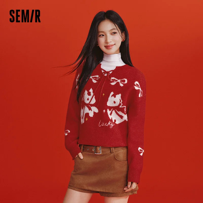 Semir Women Sweater 2026 Spring New Red Bow Jacquard Loose Cute Girlish Style Crew Neck Pullover Tops
