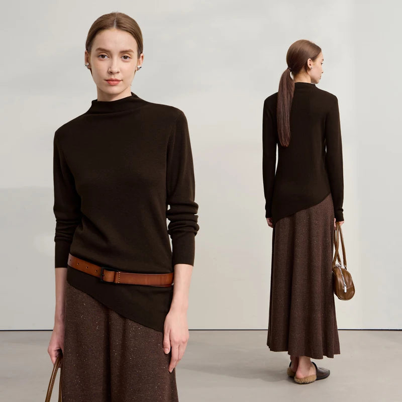Amii Woman Sweater 2026 Winter New Casual Versatile Semi-turtleneck Sweater Asymmetrical Pullover Knitted Top Women 12524129