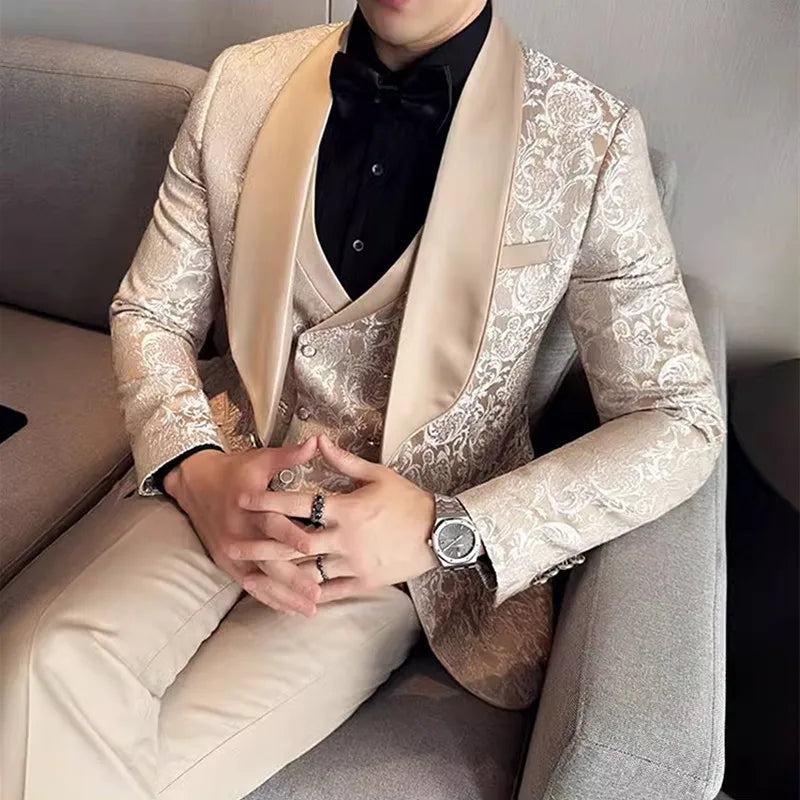 2026 New Men's Apricot Embroidered Suit 3-Piece, Jacquard Fabric Dress Jacket and Vest with Trousers, Branded Clothing