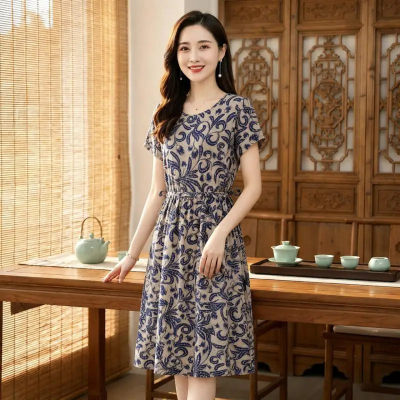 រ៉ូបផ្ការដូវក្តៅ O-Neck Midi រ៉ូបសម្រាប់នារីទាន់សម័យ ឈុតឆ្នេរខ្សាច់បែបសាមញ្ញ រ៉ូប Bodycon សម្រាប់ពិធីជប់លៀង និងពិធីជប់លៀង