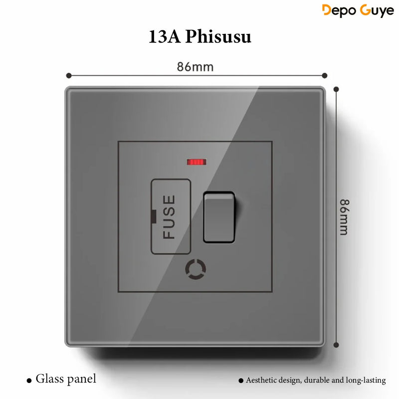 Grey Tempered Glass UK Standard 13A Wall Switch Socket with LED USB Type-C TV CAT6 Data Outlet British Electrical Wall Panel