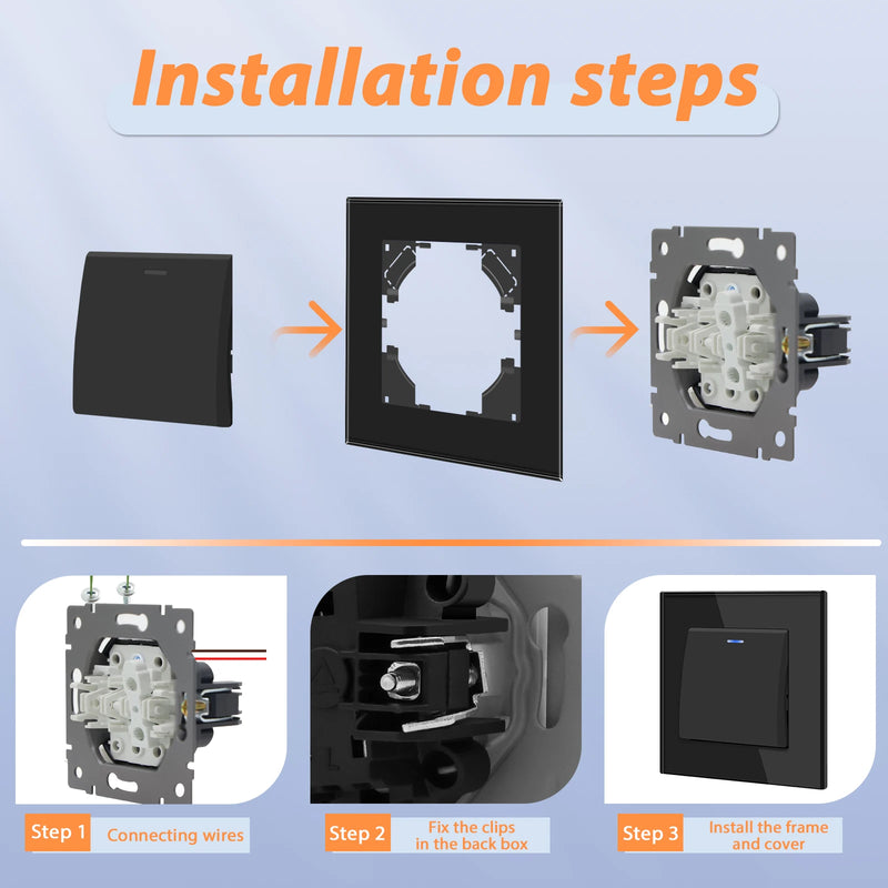 BSEED EU Standard Wall Light Switch 1/2Gang 1Way Toggle Switch Glass Panel Black Color Wall Switch On Off 10A 250V