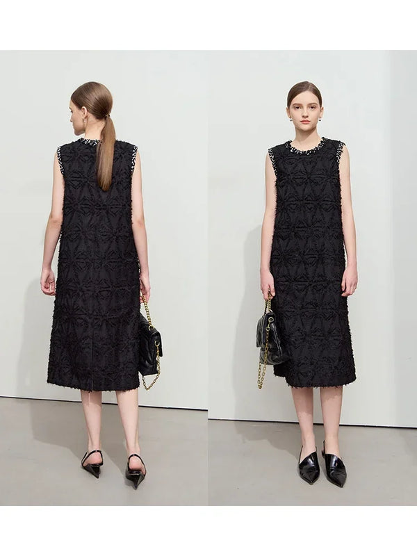 Amii Minimalist Crew Neck Fringed Dress 2026 Summer Elegant Fragrant Bead Piece Webbing H-shaped Commuter Vest Dress 12521042