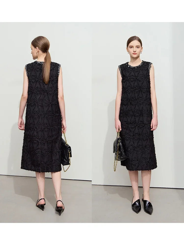 Amii Minimalist Crew Neck Fringed Dress 2026 Summer Elegant Fragrant Bead Piece Webbing H-shaped Commuter Vest Dress 12521042