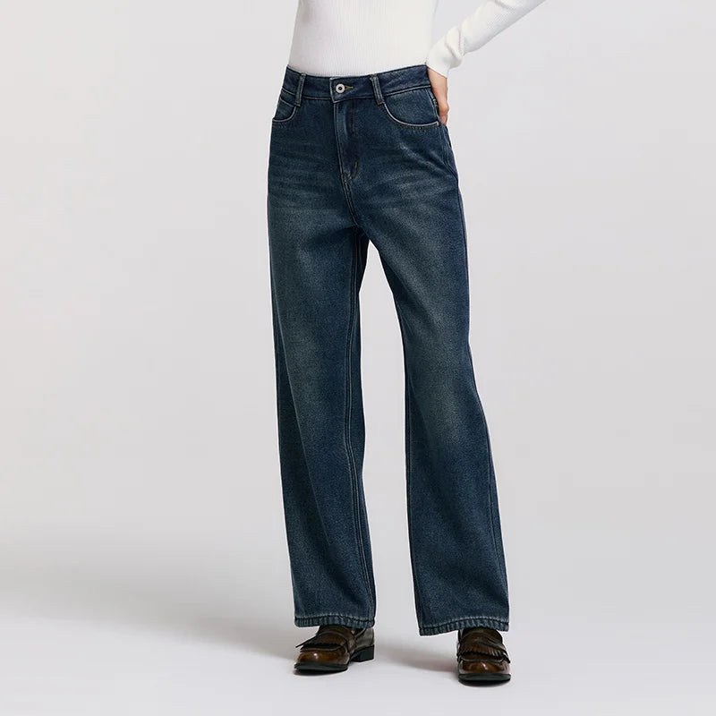 Semir Wide Leg Jeans Loose Fit Fleece Lined Women 2025 Winter Retro Style Casual Fashion Long Denim Comfortable Pants