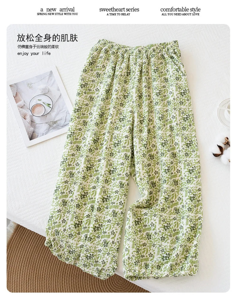 Thin Style Floral Print Pajamas Pants Sleepwear 100% Cotton Sleep Bottoms Comfort Pants Casual Summer Home Clothes Nightwear
