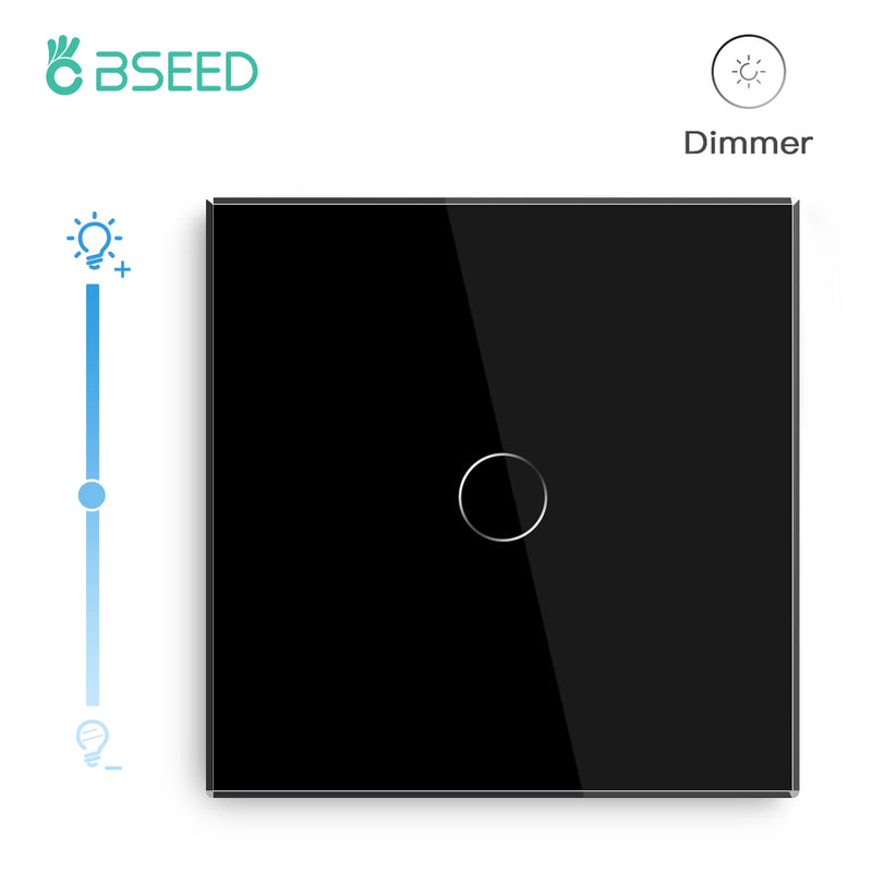 BSEED Dimmer Light Switch 1Gang 1Way Led Dimmer 220V Wall Touch Light Switch Crystal Glass Panel Blue Backlight Memory Function