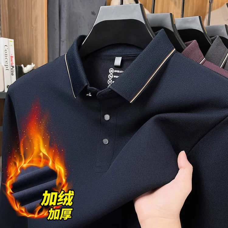 Men's Fleece-Lined Waffle Knit Polo, Vertical Stripe Collar Seamless Design, Anti-Wrinkle Technology