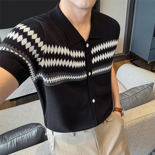 Short Sleeve Cardigan Men | Fair Isle Print Polo Collar Summer Thin Knit Sweater | Breathable Soft Casual Top