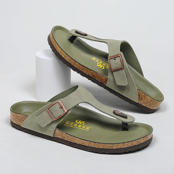 Men's Adjustable Buckle Cork Footbed Flip Flops Casual Open‑Toe Thong Sandals Non‑Slip Flat Slide Slippers for Outdoor Daily