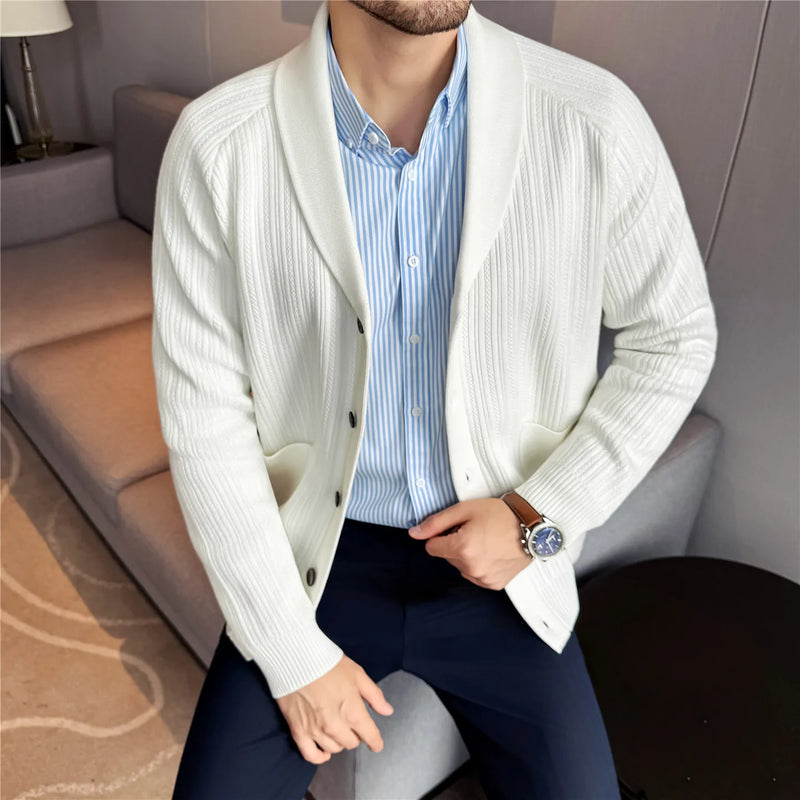 Men's Shawl Collar Knit Cardigan, Old Money Style Stripe Design, Thickened Autumn Winter, White Gray Black