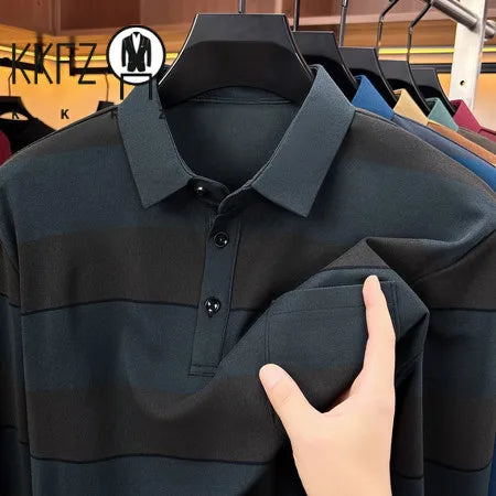 Autumn Basic Long Sleeve Polo Men Turn Down Collar Stripe Pattern Material Easy Matching Daily Commute Apparel