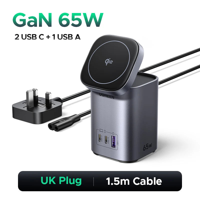 UGREEN GaN 65W Desktop Charger Qi2 15W Magnetic Wireless Charger Stand For Laptop Macbook Air iPhone 18 17 Pro Samsung Xiaomi