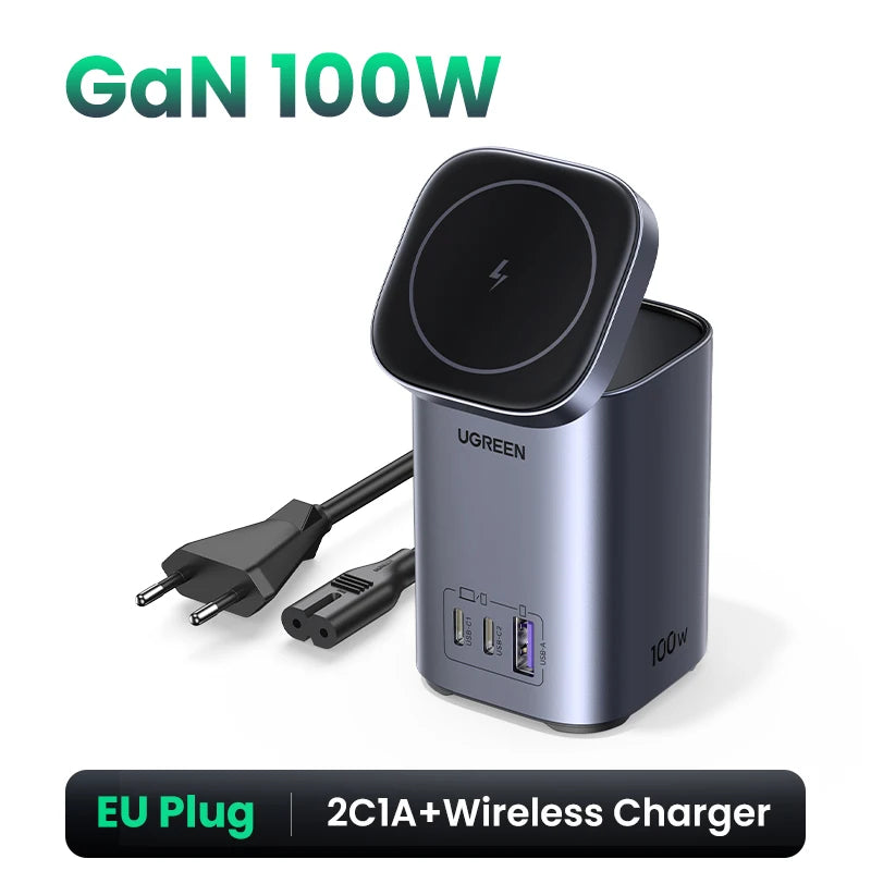 UGREEN GaN 100W Desktop Charger MFi Magnetic Wireless Charger for iPhone 17 16 15 Fast Charger Power Station for Laptop Notebook