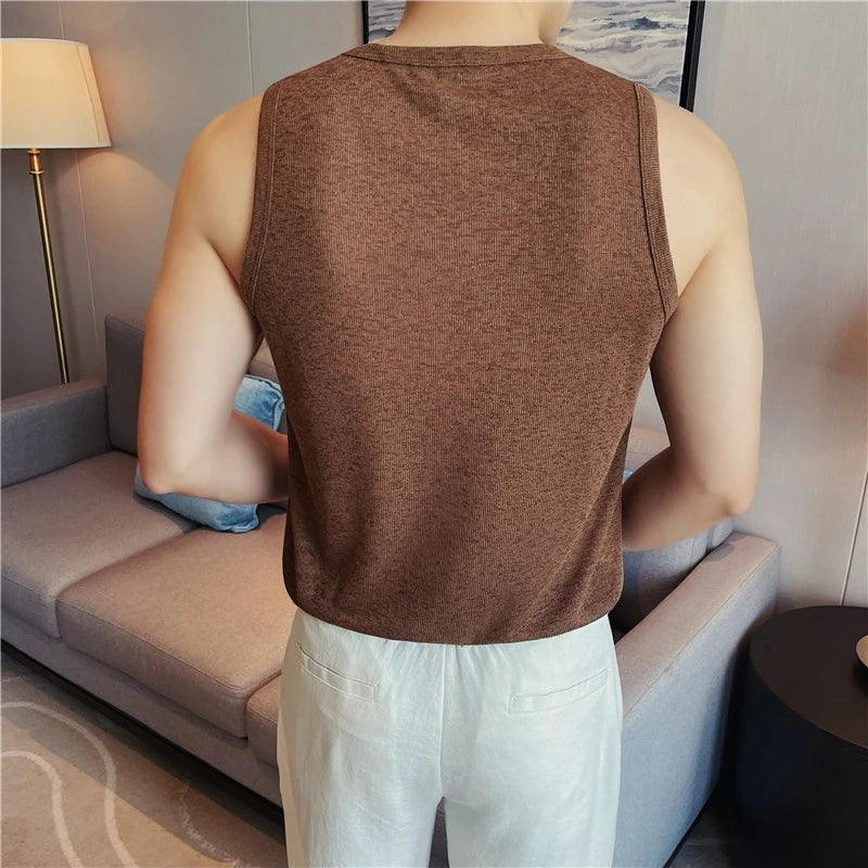 Men's Two-Tone Linen Blend Knit Tank Top – Summer Breathable Textured Sleeveless Vest for Fitness & Casual Wear