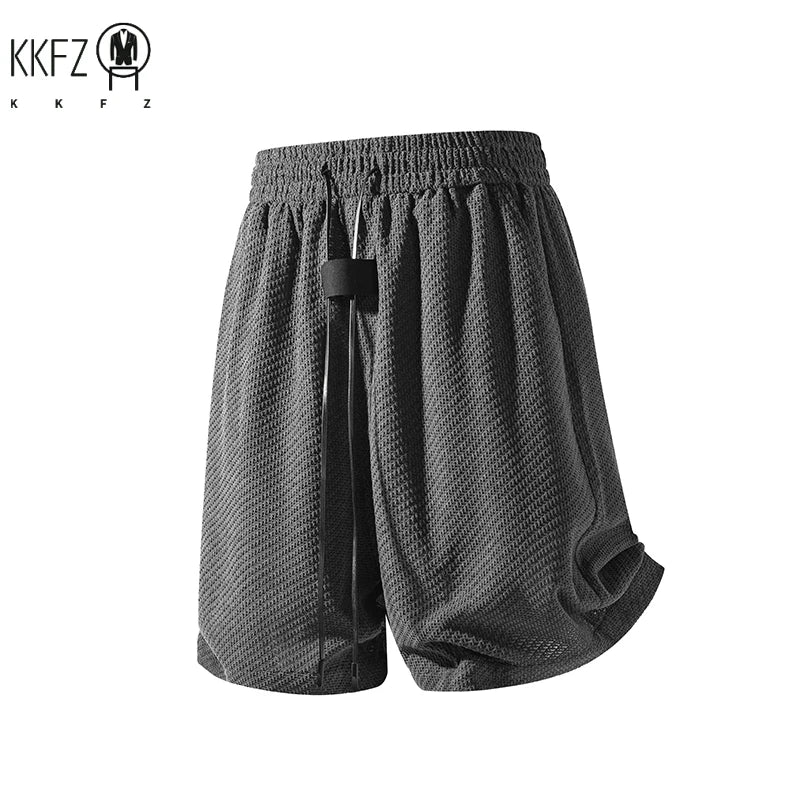 Male Summer Streetwear Shorts Waffle Textured Fabric Elastic Waist Long Drawstring Curved Hem Relaxed Cut For Outings