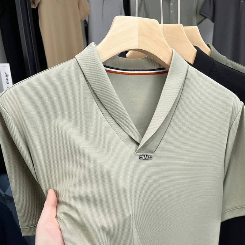 V-neck Elegant Men's Stretch Solid Color Short Sleeve T-shirt, Daily Commuting Top.2025 Summer New Arrivals