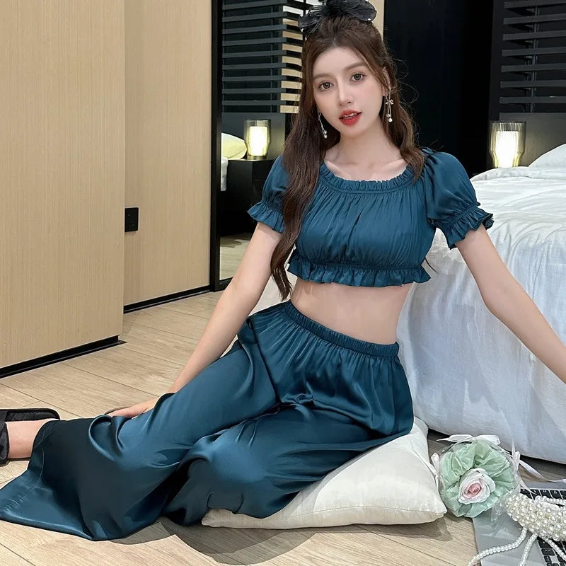 Sexy Women’s Nightwear Set Summer Pajamas for Woman Short Sleeve Long Pants 2-Piece Pyjama Sleepwear Suit Lounge Wear Pijama