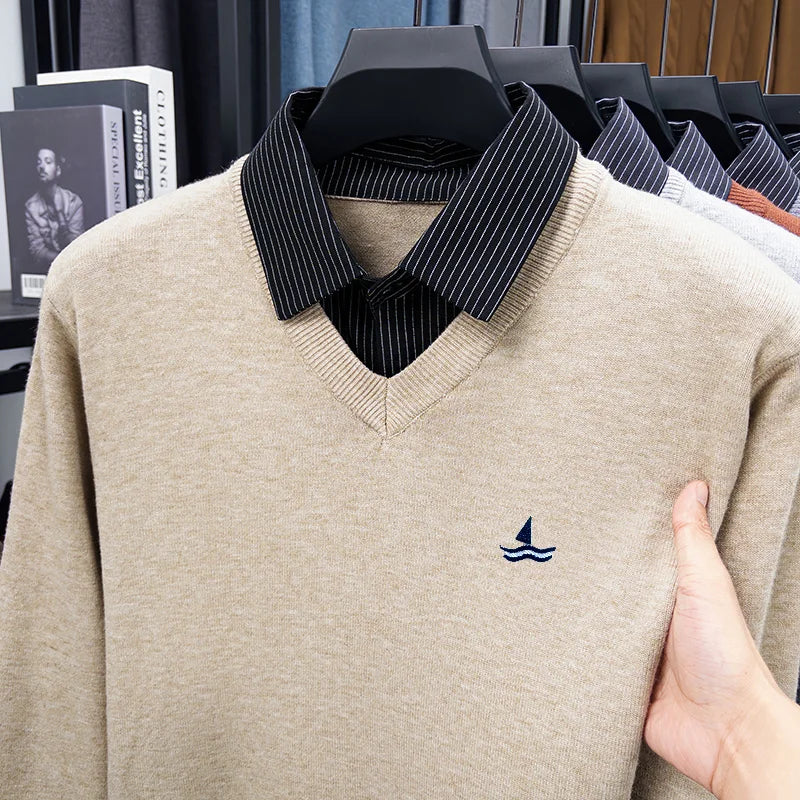 Daily Commute Man False Two-Piece Long-Sleeved Knitwear Embroidery Autumn Winter New Pullover Casual Fashion Versatile Men'sWear