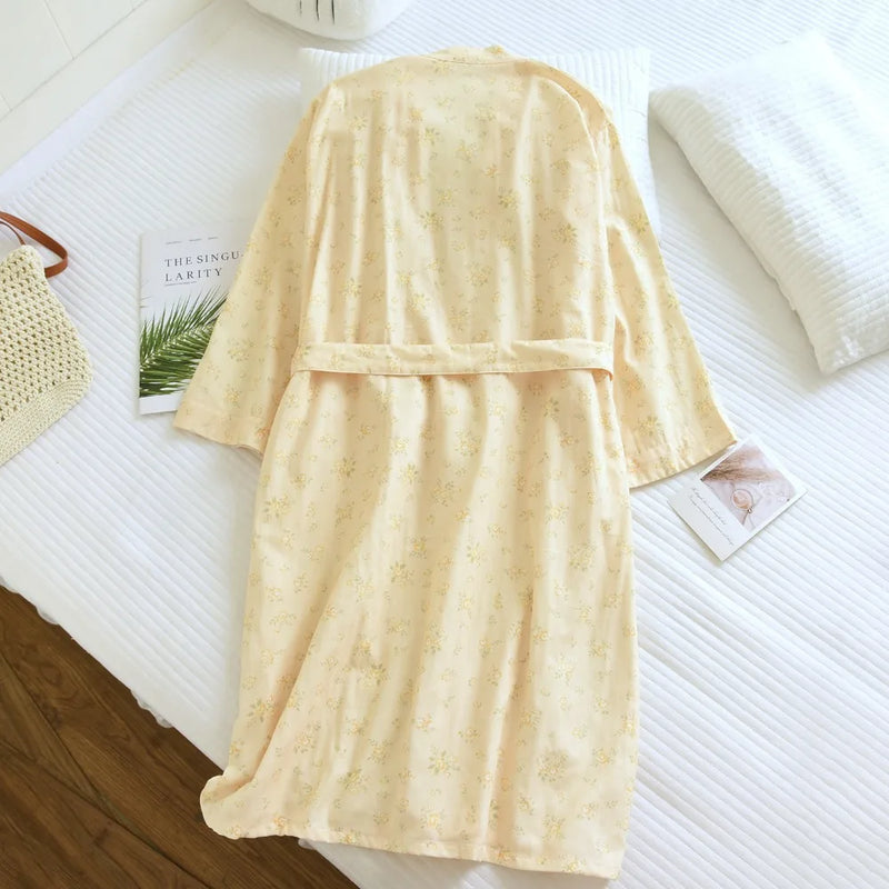 Floral Women's Sleep Robes Sleepwear Women Spring Autumn 100% Cotton Long Sleeve V Neck With Belt Bathrobe Female Loose Robe