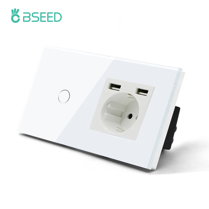 BSEED Single Power Outlet EU Wall Plugs Double Sockets USB Type-C Phone Charge Glass Panel 1Way Wall Touch Switch Kid Protection
