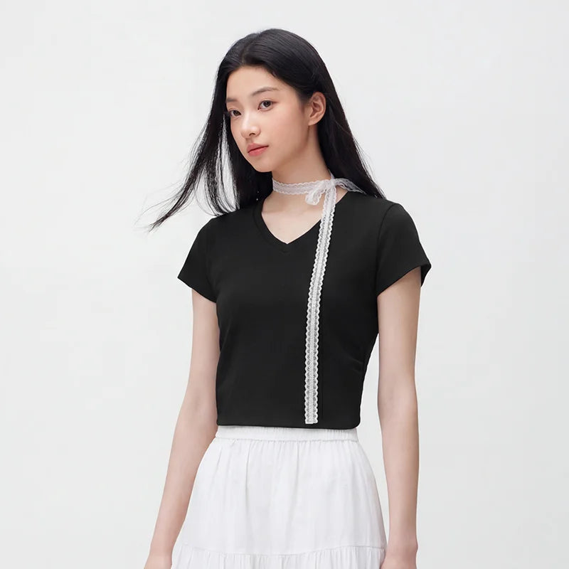 Semir Womens Tshirt 2026 Short U Neck Regular Shoulder Ruched Slim Embroidered Knitted