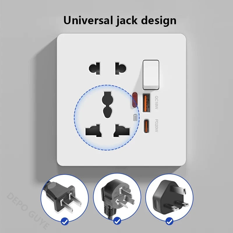 Universal 3/5Pin Smart Socket With 20W Fast Charging Type-C Port,UK Plastic Electrical Wall Double USB Power Outlet AC 110V-250V
