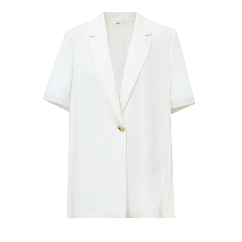 Amii Women's Blazer 2026 Summer New Notched Lapel Chiffon Splicing Short Sleeve Jacket Women's Single Button Casual Top 12622126