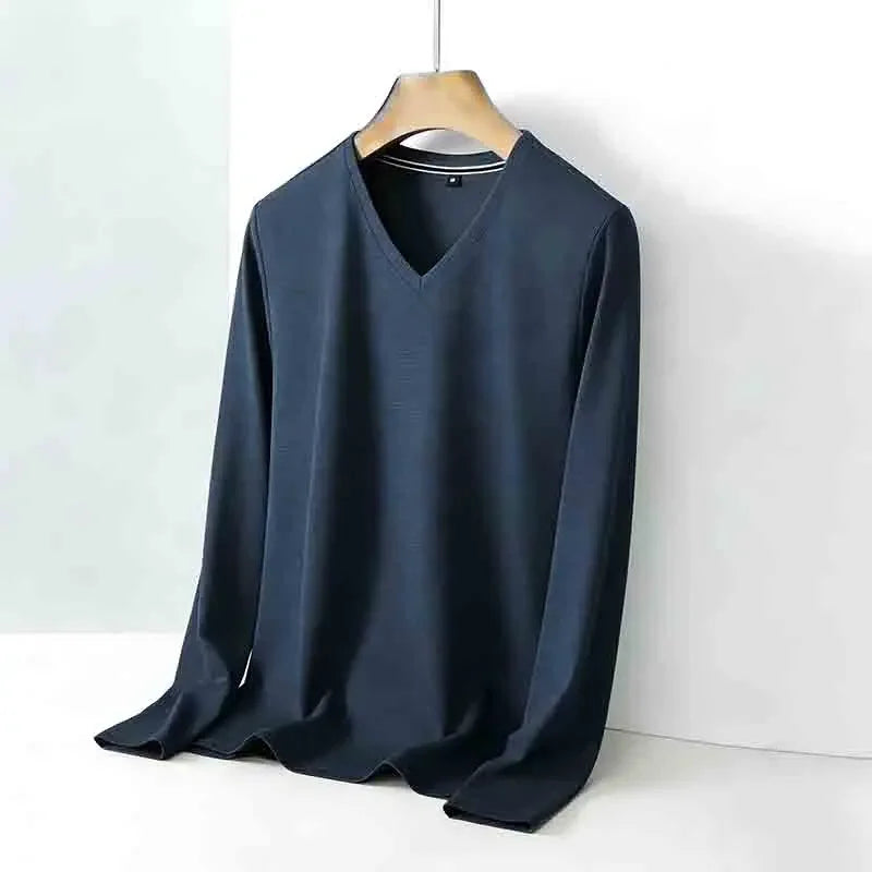 Men's Camel V-neck Long Sleeve Tee Slim Fit Soft Knit Pullover Spring & Autumn Shirt