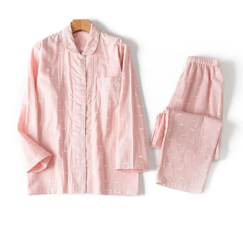 Spring Autumn Home Pajamas For Women 100% Cotton Double-Layer Gauze Long-Sleeved Trousers Pijama Suit Ladies Household Clothes