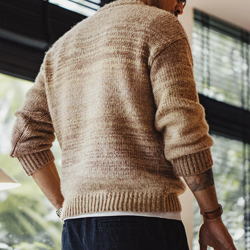 Maden Men's Vintage Gradient Stripe Sweater Round Neck Blended Knitted Pullover Warm Base-layer knitwear for Autumn and Winter