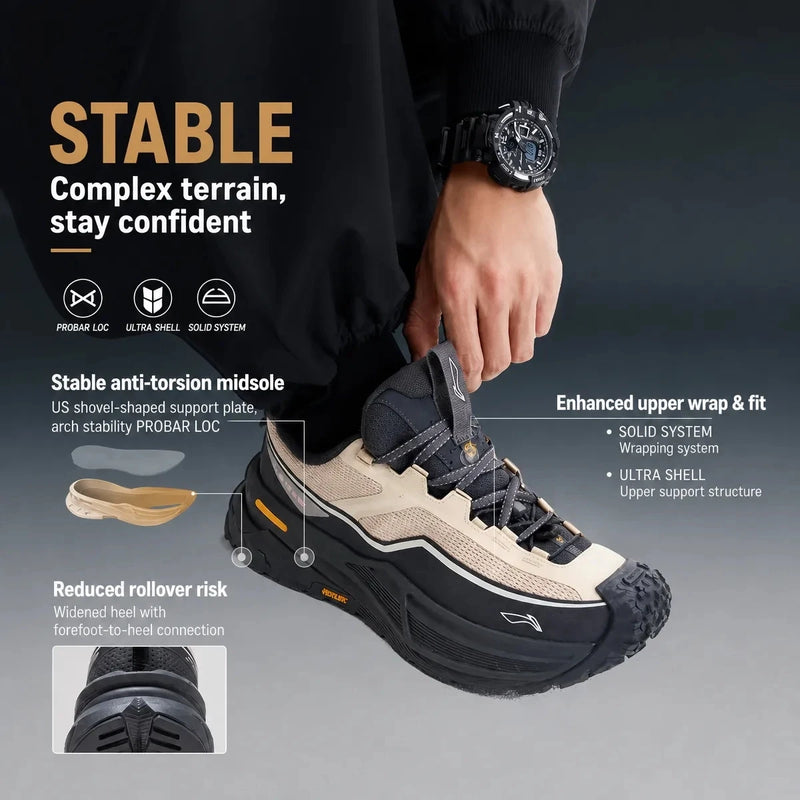 ស្បែកជើងឡើងភ្នំ Li-Ning Unisex AXC RUSH 2 ក្រៅផ្ទះ BOOM Cushion ទម្ងន់ស្រាល រឹងមាំ ធន់នឹងការរអិល ស្បែកជើងប៉ាតា LiNing AHTW003