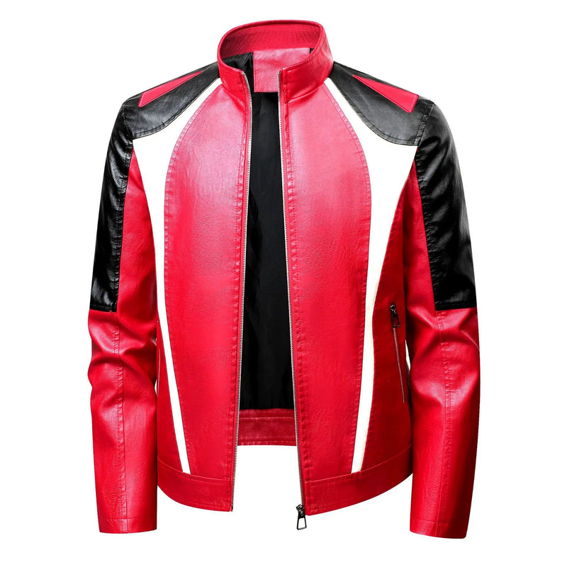 New Fall Men's Faux Leather Jacket with Red, Black, and White Color-blocked Accents—a Stylish and Casual PU Coat.