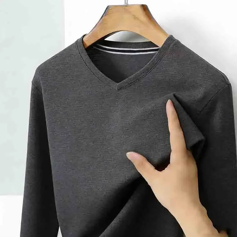 2026 New Men's Brown V-neck Long Sleeve Shirt Casual Business Commute Top for Office