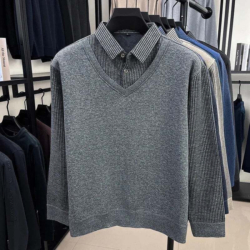 Thermal Warm Knit Sweater For Men Collared Fake Vest Elastic Cuff Full Fleece Lined Vertical Stripe Autumn Office Clothing