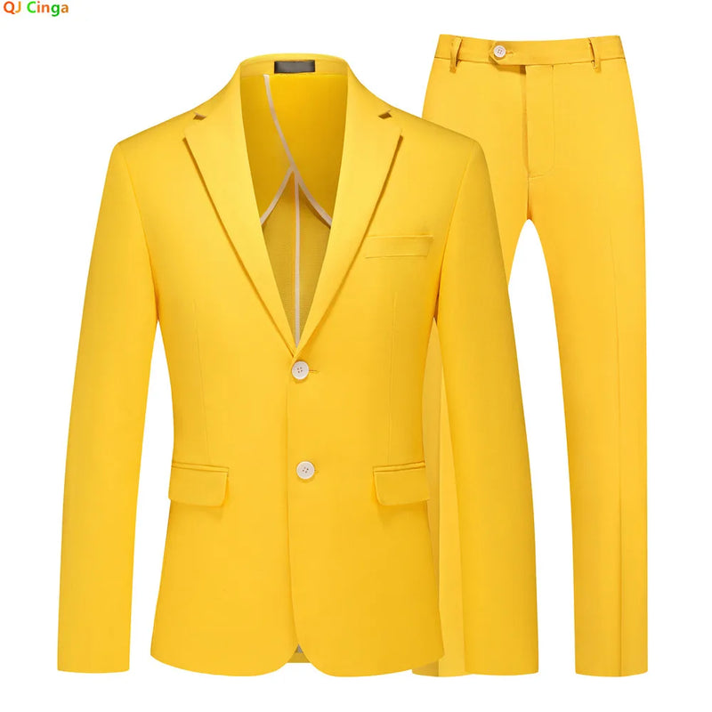 2026 Summer Green Men's Cotton-Linen Two-Piece Suit, Perfect for The Office, Parties, and Weddings. Available in Red,Yellow,Blue
