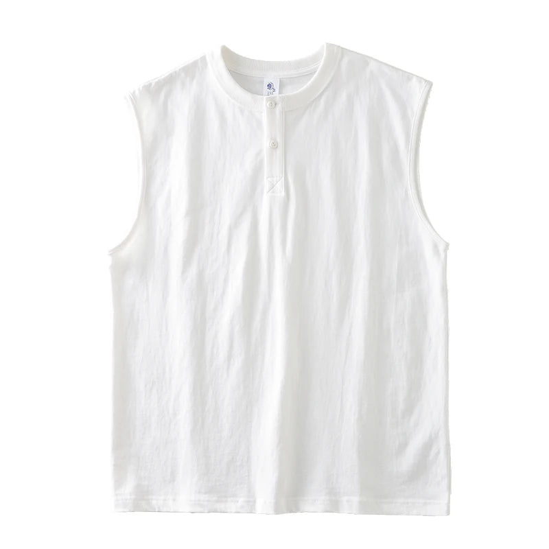 DUKEEN 100% Cotton Henley Collar Vest Men's Clothing Sleeveless Tops Oversized T-Shirt Solid Color Gym T-Shirt Man 11.3Oz