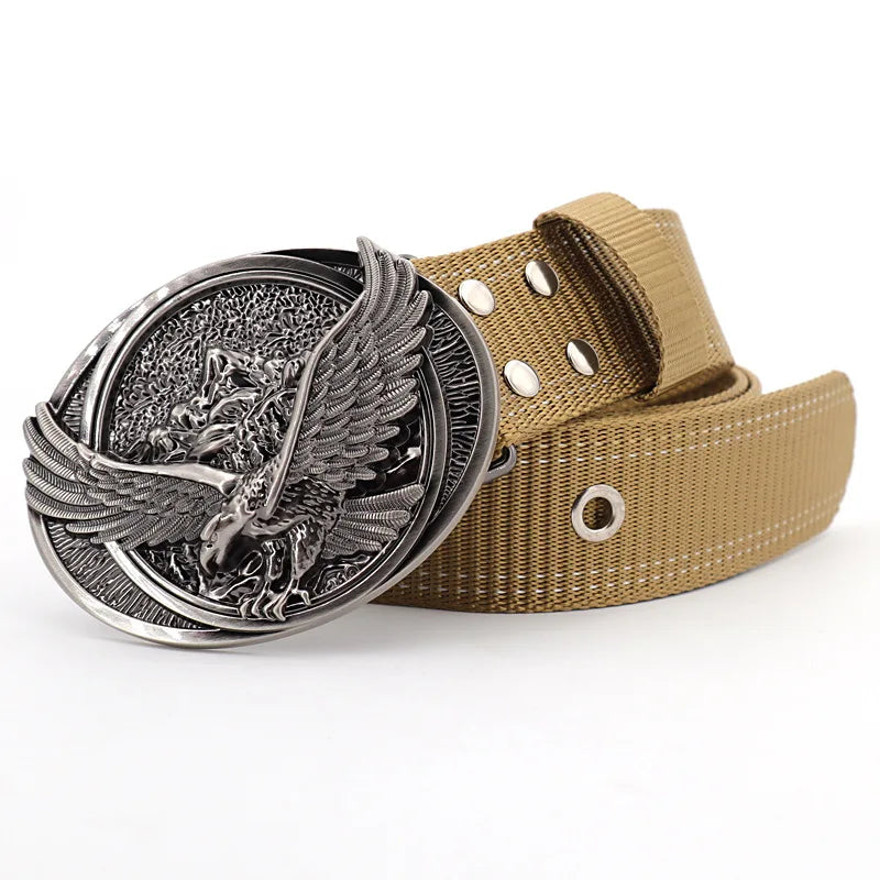 2026 Buckle Engraved with Eagle Nylon Belt Men's Outdoor Tactical Belts Pin Buckle Versatile Jeans Canvas Cinturon Men Waistband