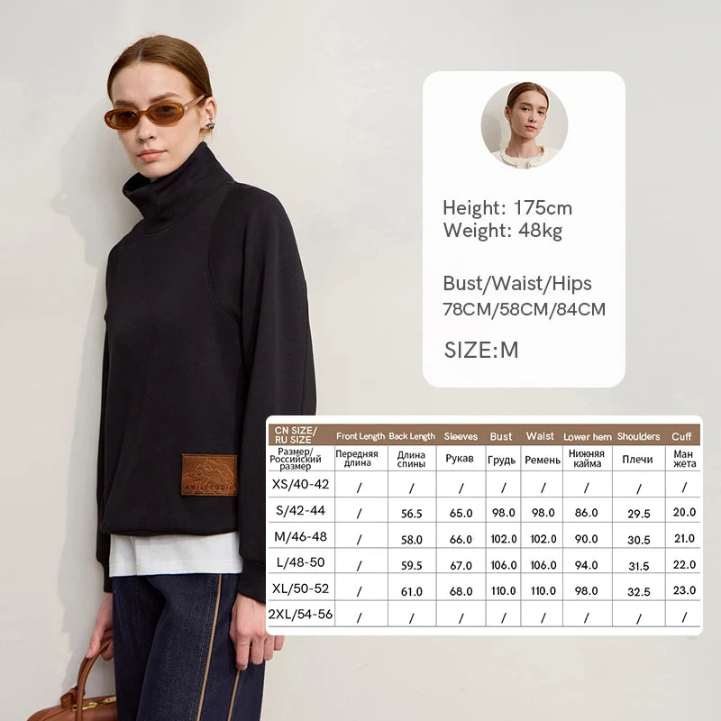 Amii Turtleneck Woman Sweatshirts 2026 Winter New Casual Versatile Loose Long Sleeve Tops Elastic Embroidery Sweater 12514013