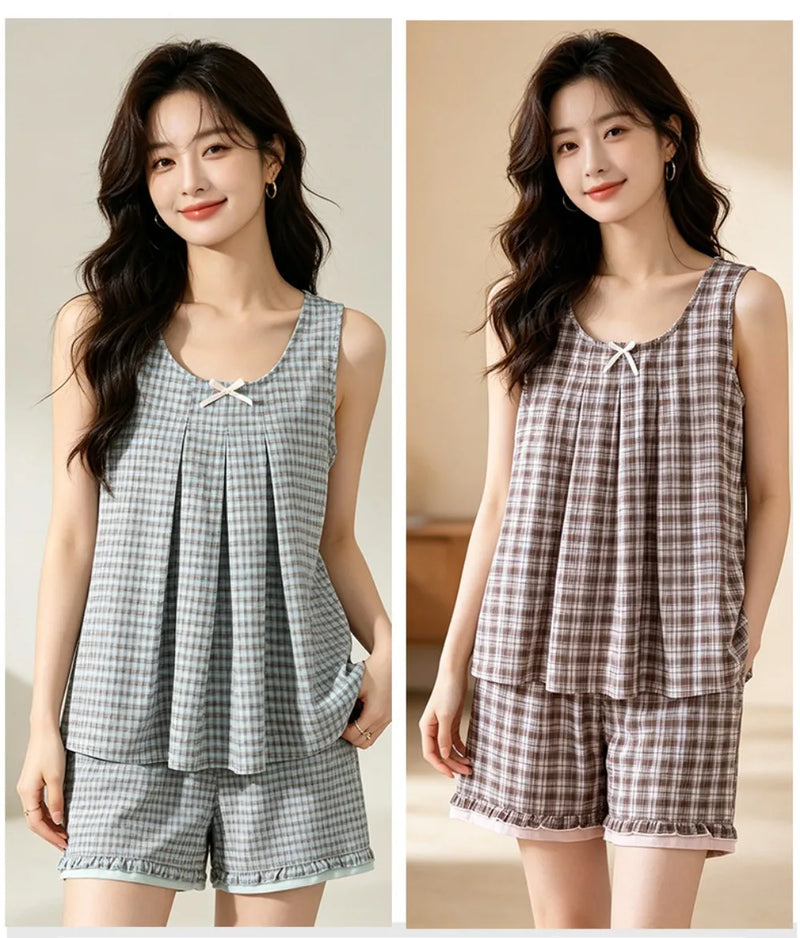 Summer Women Pajama Sets Plaid Print Pijama 2 Pieces Sleepwear for Sleeping Lounge Wear Sleeveless Top Shorts Nightwear Suits
