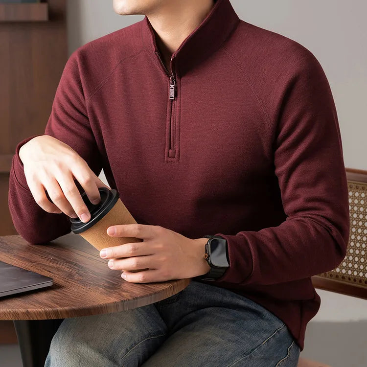 Old Money Style Men's Stand Collar Zip-Up Sweatshirt - Camel (Smoke Blue/ Brown/Gray)Long-sleeved Fleece Hoodie