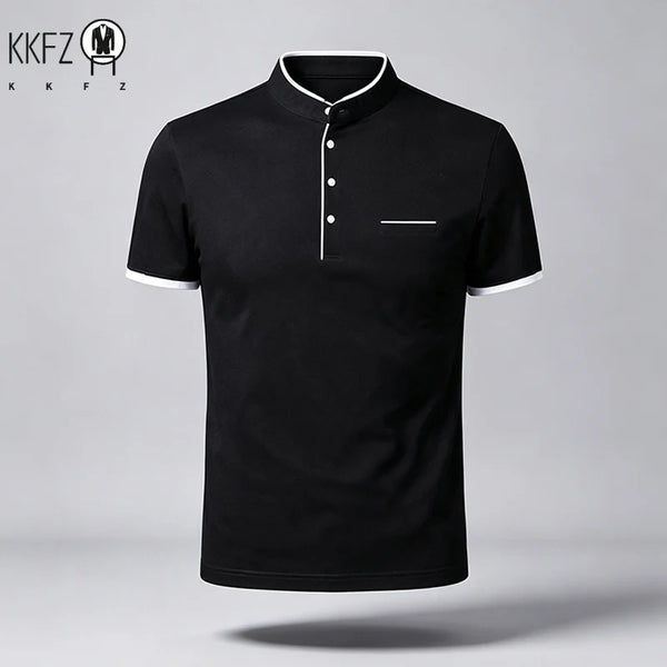 Men Regular Fit Short Sleeve Polo Shirt Stand Collar Chest Pocket For Office Business Look And City Street Daily Wear