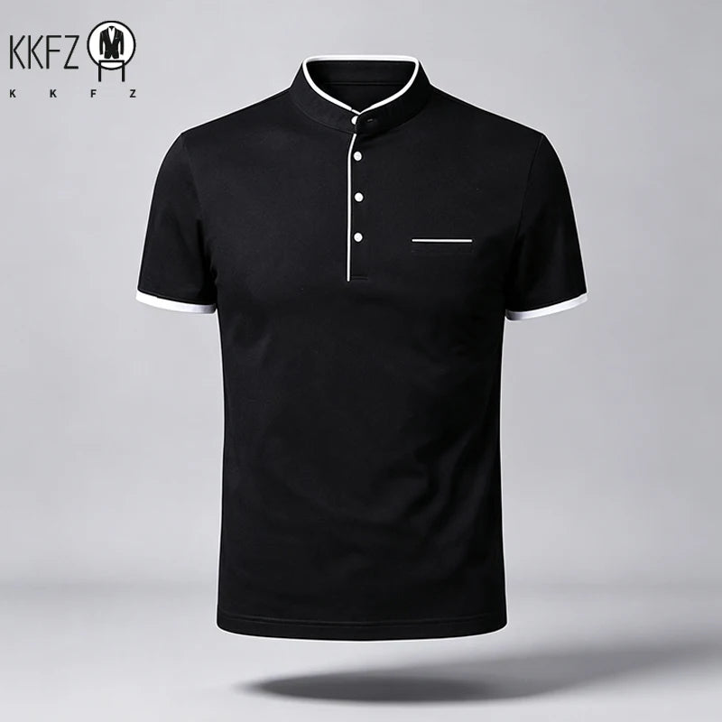 Men Regular Fit Short Sleeve Polo Shirt Stand Collar Chest Pocket For Office Business Look And City Street Daily Wear