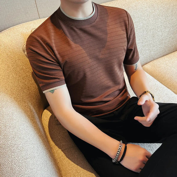 Men's Slim Fit Fake Two Pieces T-Shirt Short Sleeve O-Neck Contrast Color Striped Stretchy Casual Cool Touch Top Fashion Tee