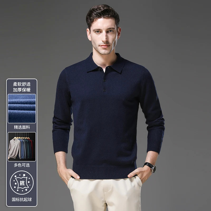 Men's Lapel Solid Color Woolen Sweater, Autumn & Winter New Stretch Top, Daily Leisure Pullover Knitwear, Business POLO