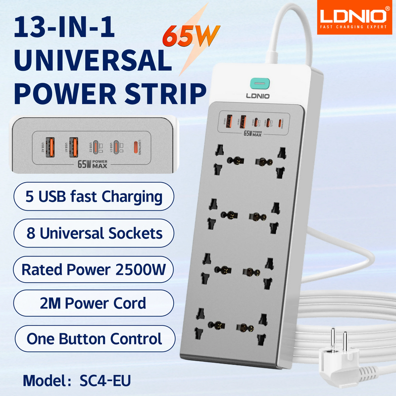 រន្ធដោតភ្លើងបន្ថែម LDNIO 13-in-1 2500W ស្ថានីយសាកថ្ម 65W បន្ទះសាកថ្ម USB រន្ធដោត AC ចំនួន 8 រន្ធដោត USB C ចំនួន 5 ខ្សែបន្ថែម USB-A ថ្មី