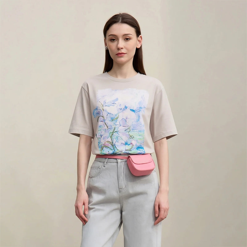 អាវយឺត Amii Minimalism សម្រាប់ស្ត្រី 2025 រដូវក្តៅថ្មី ដៃខ្លី កប្បាស មធ្យម សិល្បៈ គំនូរប្រេង បោះពុម្ព អាវធម្មតាសម្រាប់ស្ត្រី 12642221