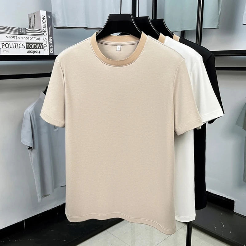 Men's 2026 Spring Summer Contrast Collar T-Shirt, Soft Cotton Blend, Round Neck Short Sleeve, Smart Casual Daily Wear