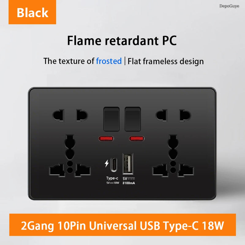 18W Type-C Plug Quick Charging Universal 5-pin Dual Power Socket,UK Standard 13A Wall Socket with DC 5V 3.1A Type-c USB Charger