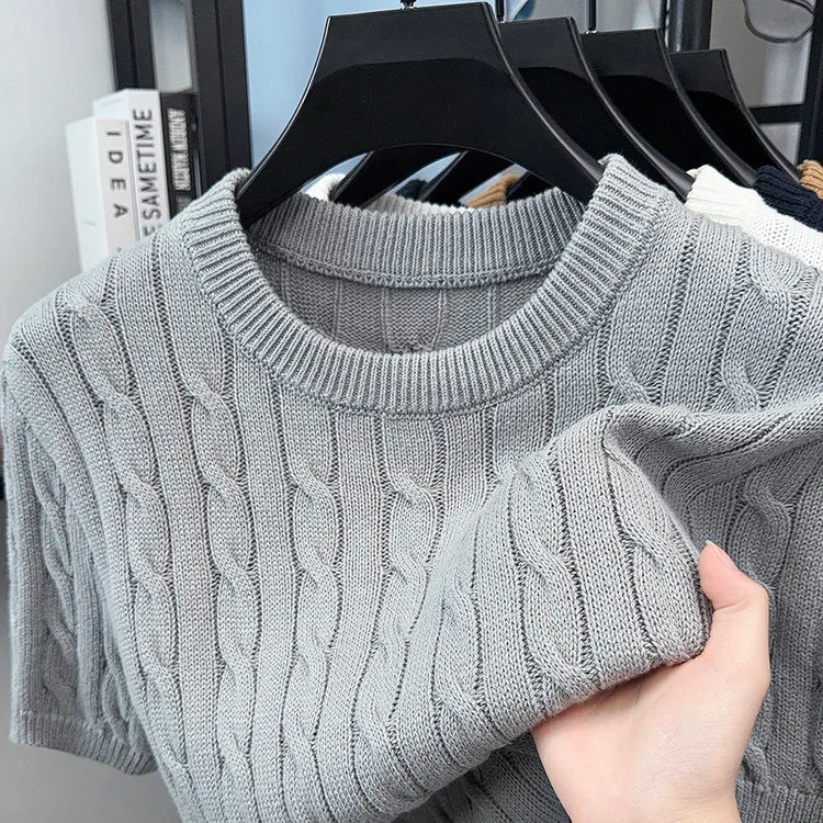 Men's Vintage Cable Knit Short Sleeve Sweater 100% Cotton Casual Crew Neck Pullover